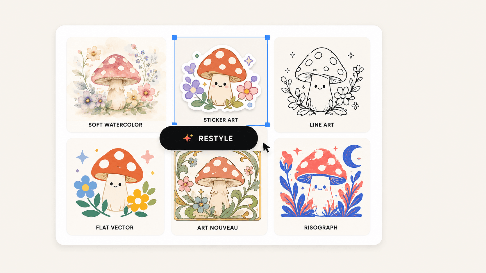 One subject rendered in six different styles for upsell bundles