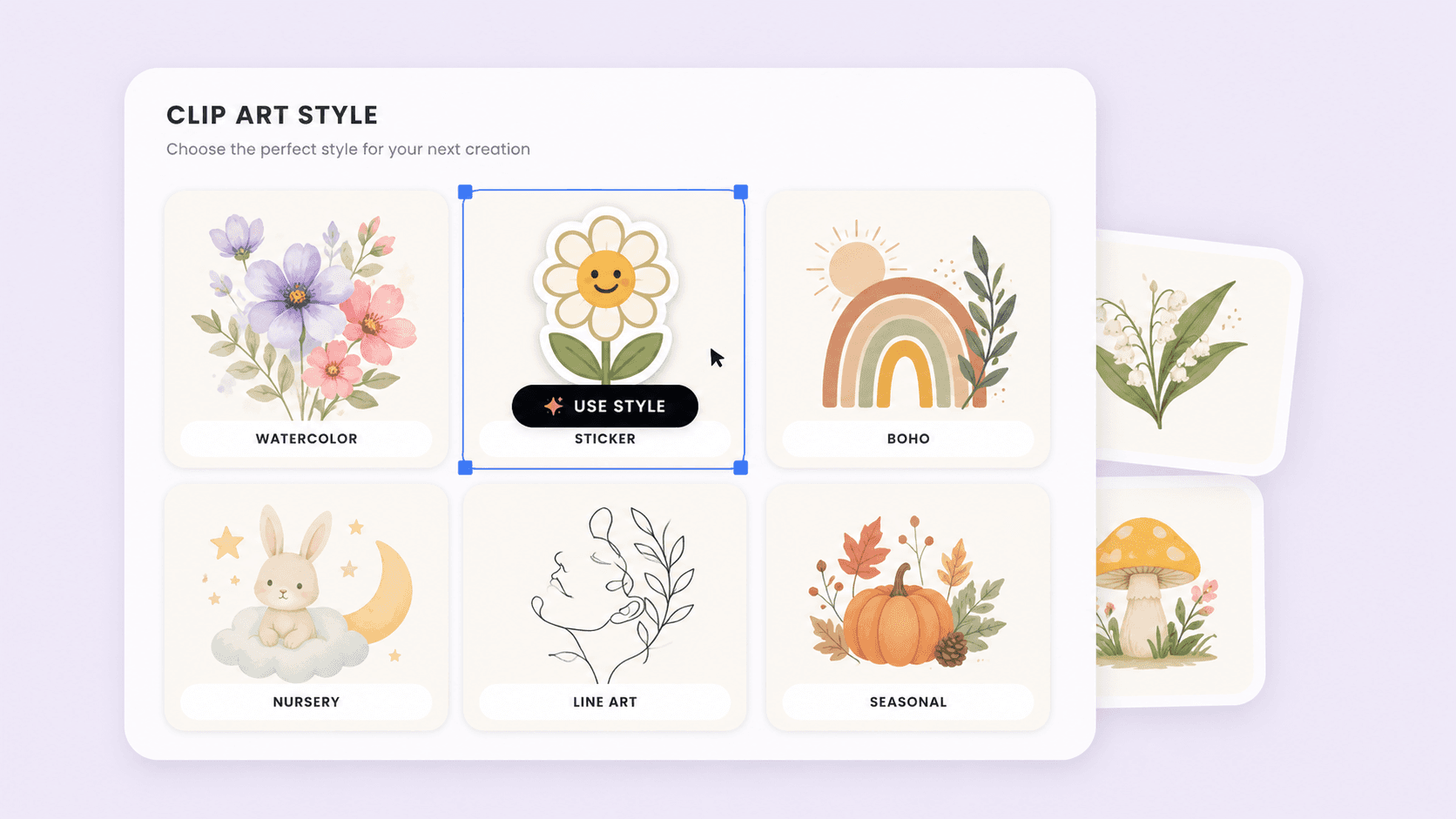 Style selection grid showing twelve curated families