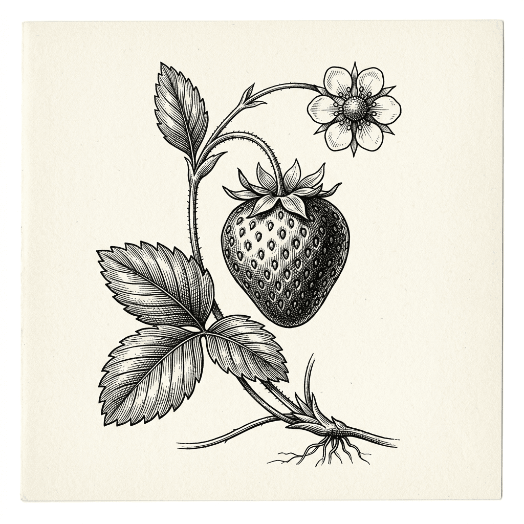 Vintage Engraving style sample — strawberry rendered as Classic linework, antique-shop staple