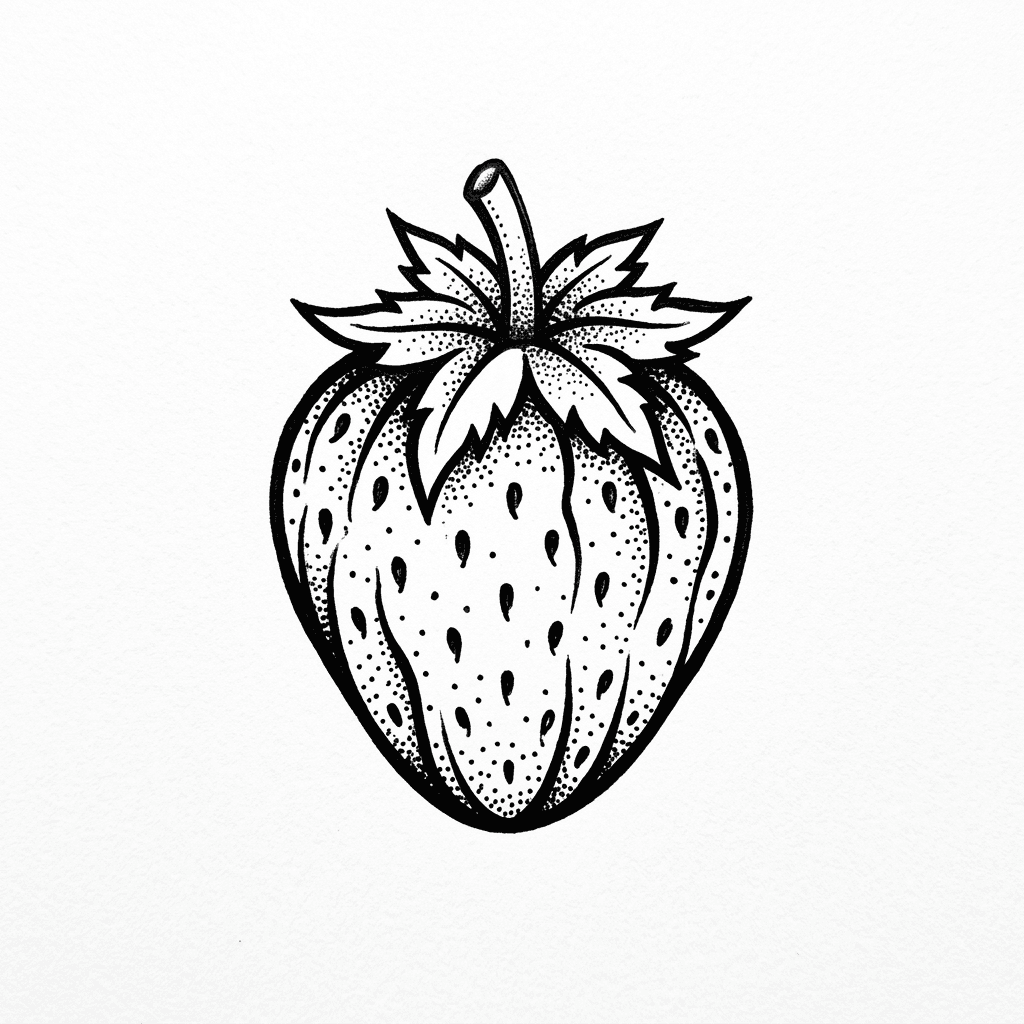 Tattoo Linework style sample — strawberry rendered as Dark hand-drawn flash style