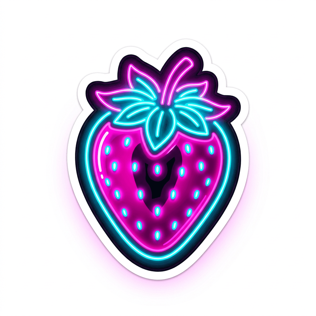 Cyber Neon style sample — strawberry rendered as Bright, sticker-shop magnet