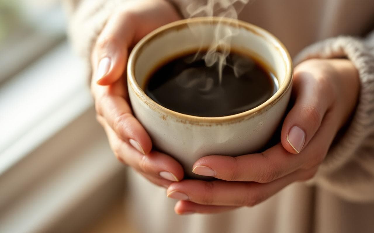 Usage · hands cradling steaming mug