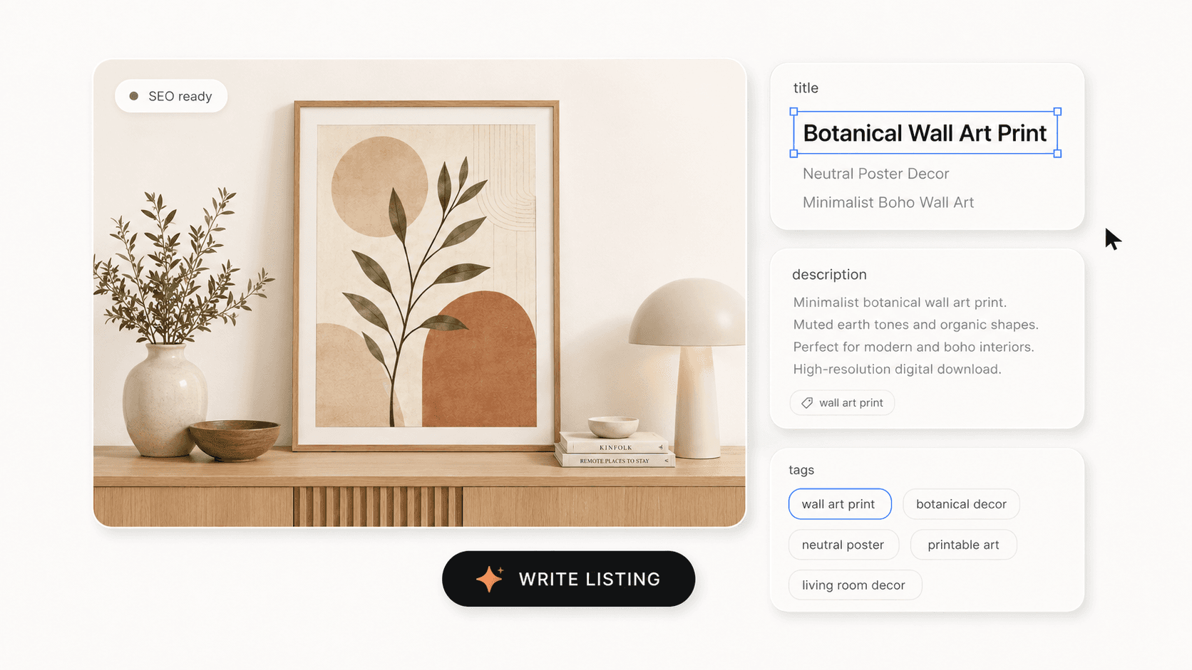 Auto-generated Etsy listing copy panel