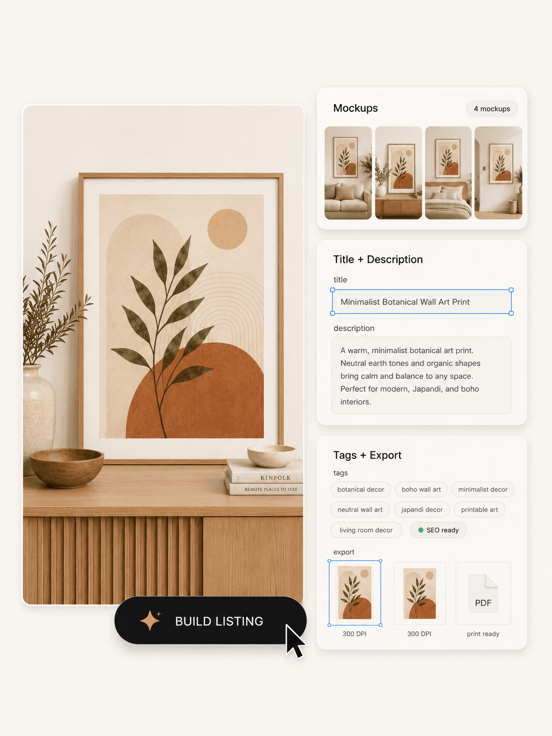 Complete listing kit with multiple wall art product variations
