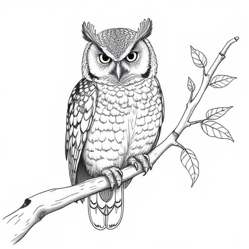 Owl on a branch, coloring page