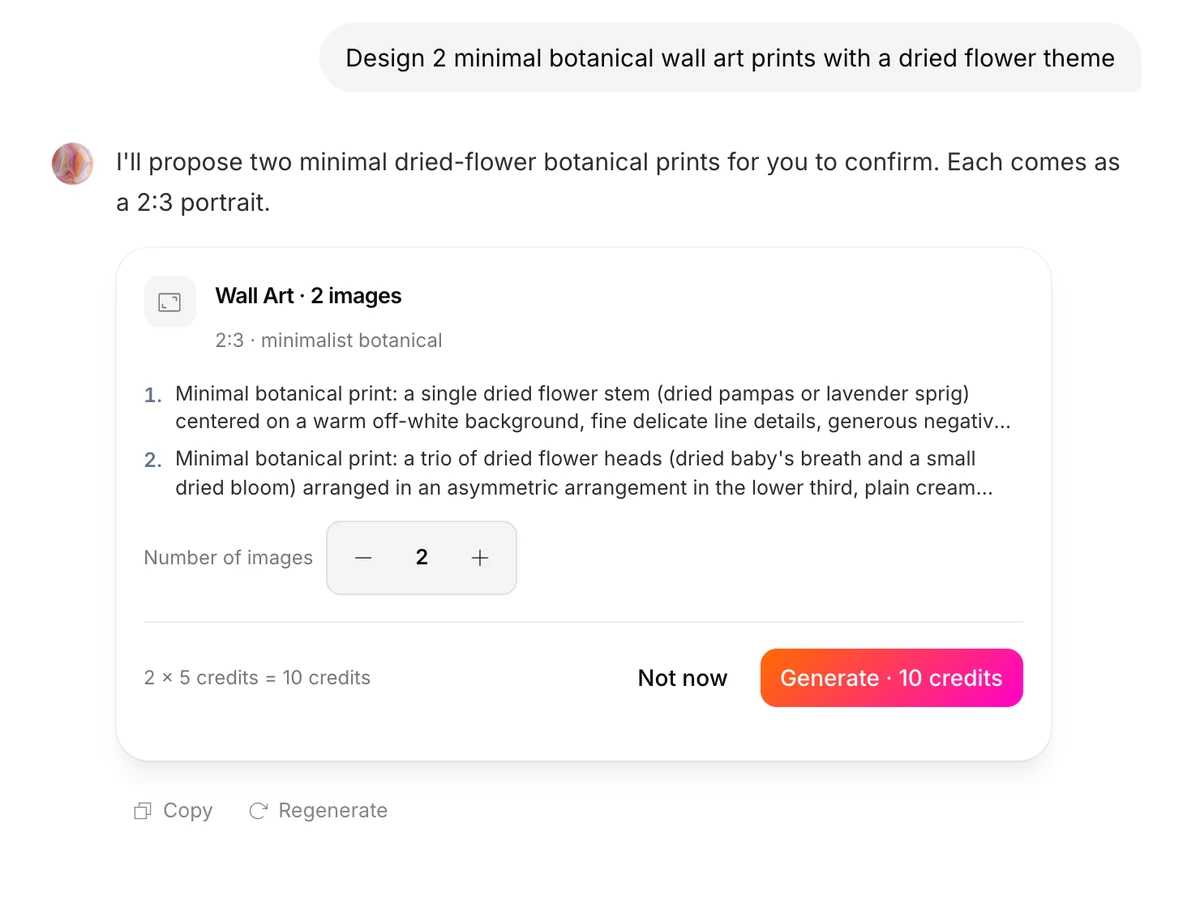 Approval card for two Wall Art designs: both prompts, an image-count stepper, 2 × 5 credits = 10 credits, and the Not now and Generate buttons