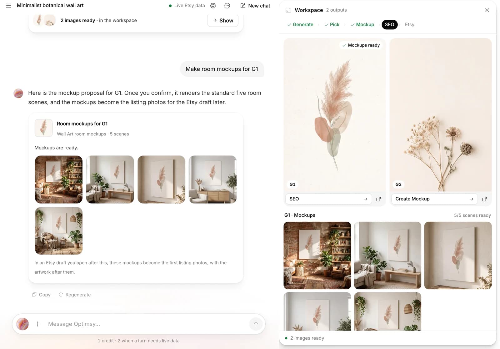 Optimsy Assistant: a chat with a finished room-mockup card on the left and the workspace on the right, showing two designs and five room mockups