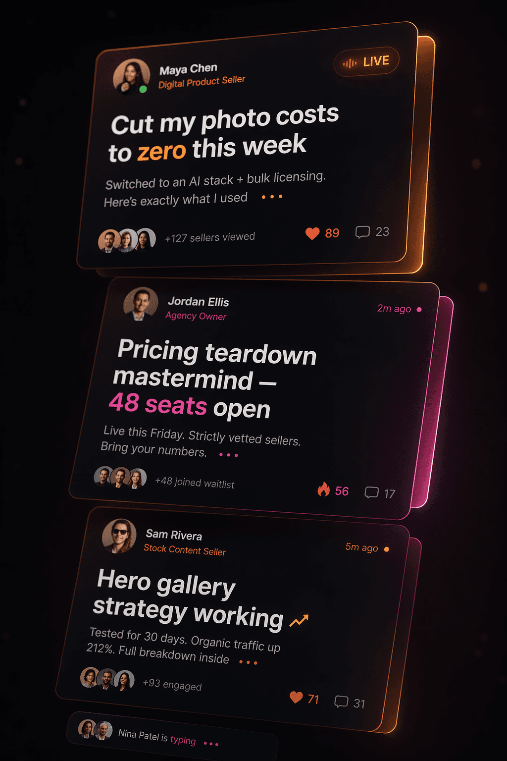 Optimsy Social akışından üç katmanlı paylaşım kartı — onaylı Etsy satıcılarının gerçek gönderileri