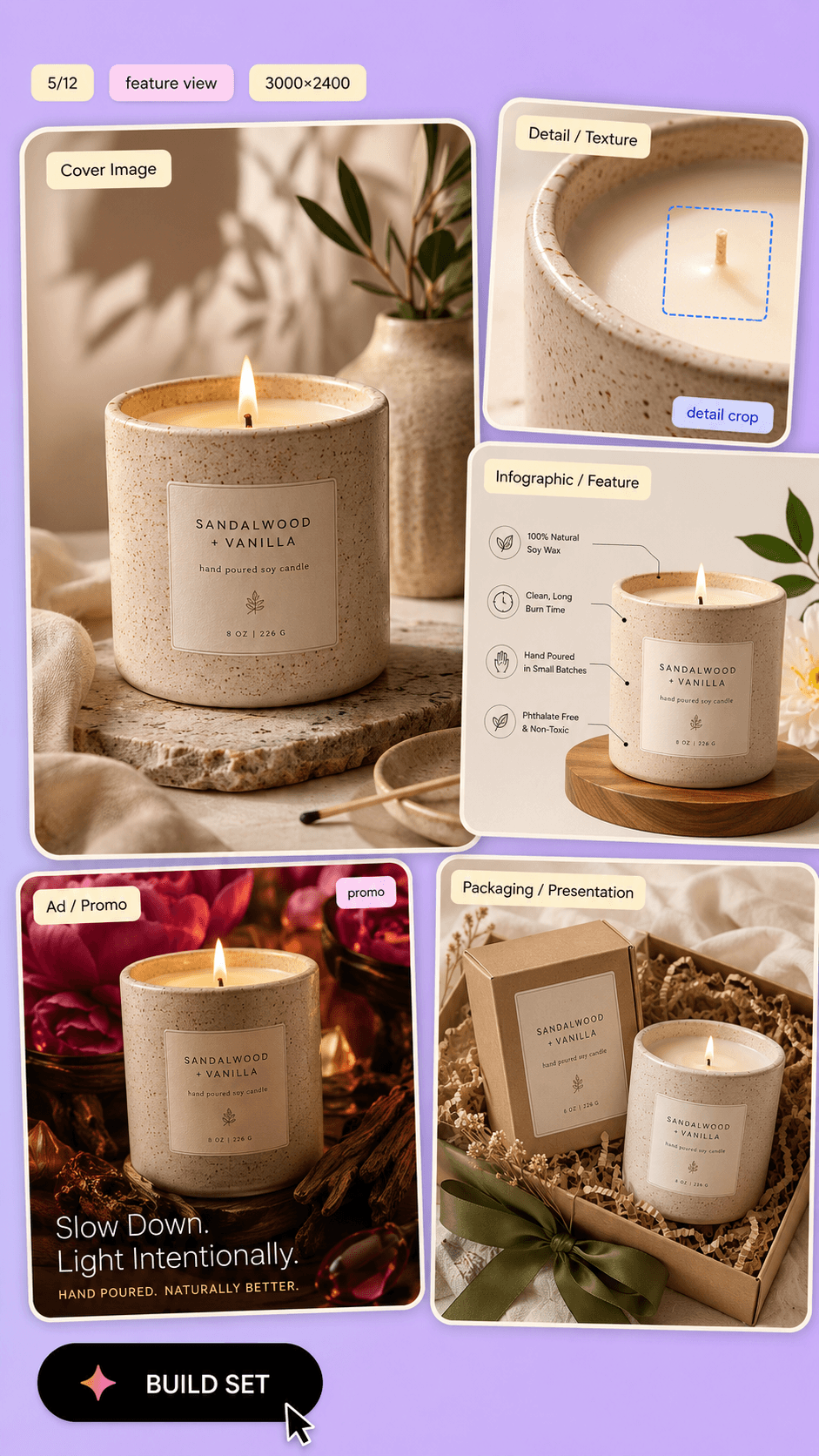 Multi-scene Etsy listing campaign rendered from a single product upload