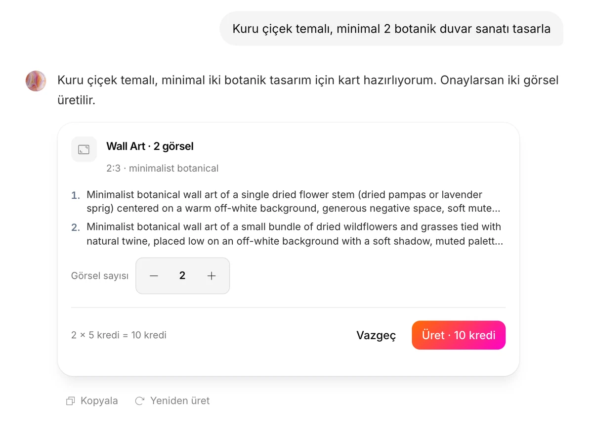 İki Wall Art tasarımı için onay kartı: iki istem, görsel sayısı seçici, 2 × 5 kredi = 10 kredi, Vazgeç ve Üret düğmeleri