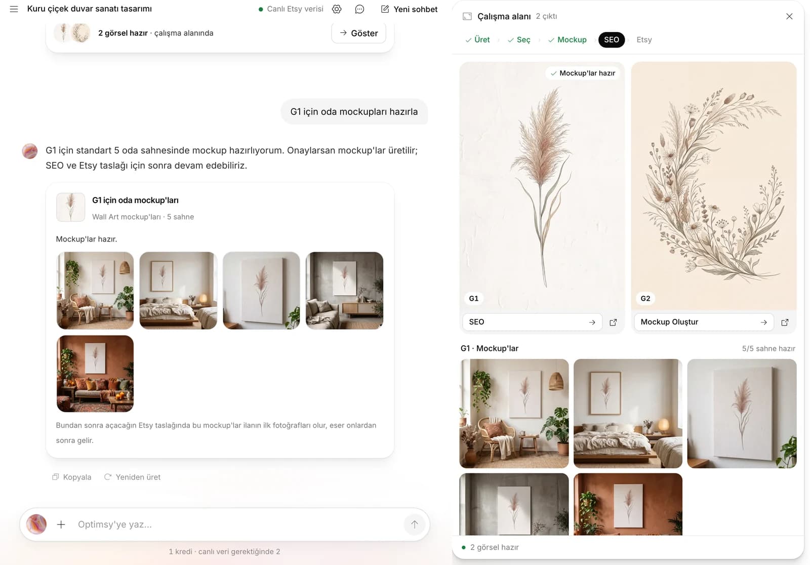 Optimsy Asistanı: solda tamamlanmış oda mockup kartıyla sohbet, sağda iki tasarım ve beş oda mockup'ı gösteren çalışma alanı