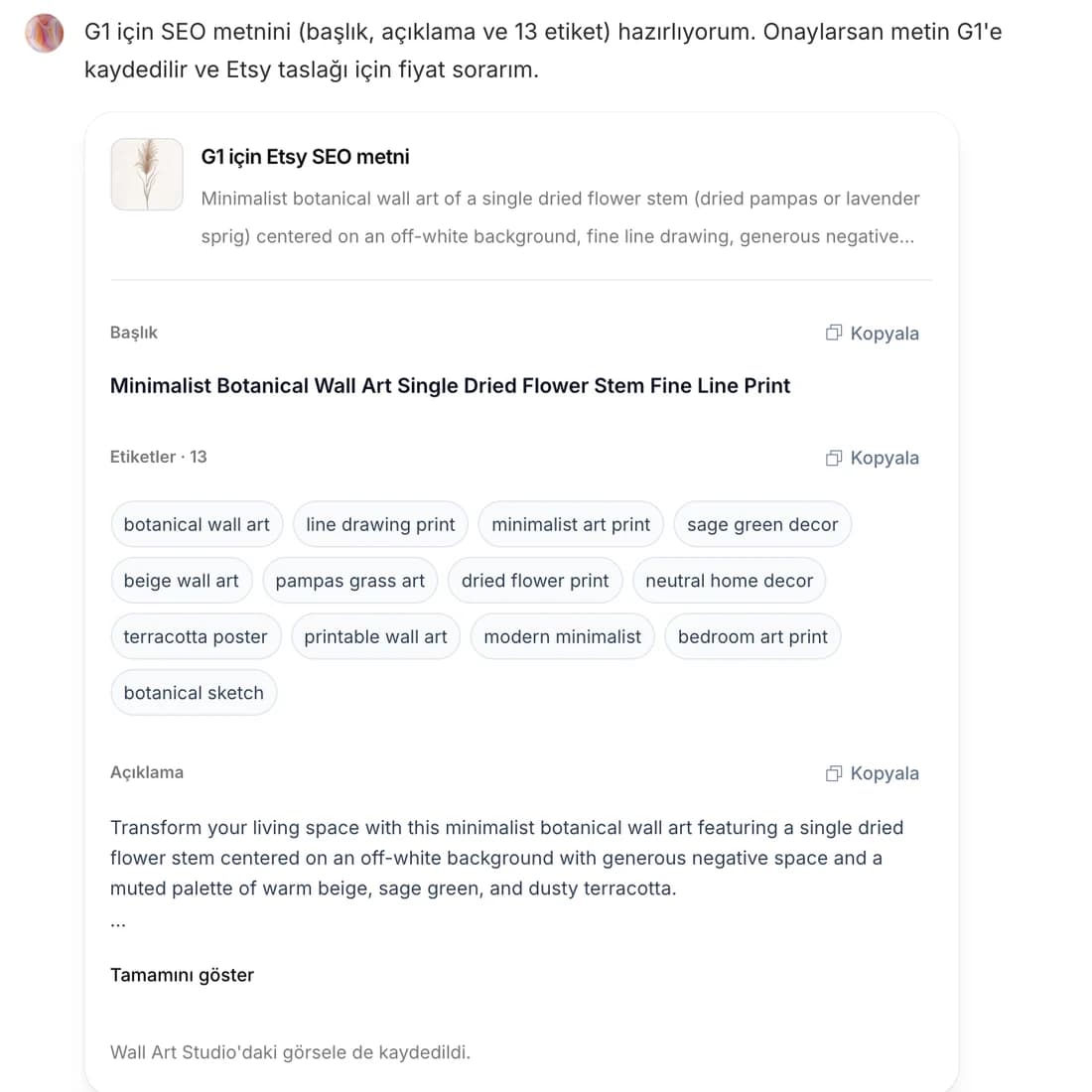 G1 için başlık, 13 etiket ve açıklama içeren Etsy SEO kartı; metin Wall Art Studio'daki tasarıma da kaydedilir