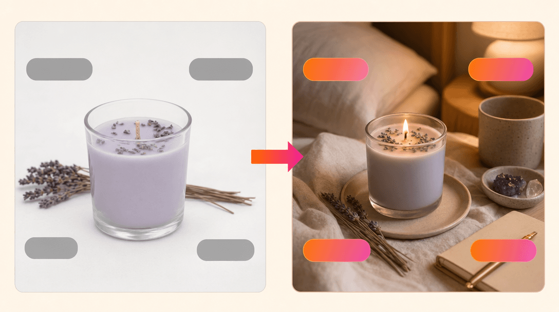 Before-after transformation - generic lavender candle becomes a focused Sleep Sanctuary ritual product with a specific buyer and emotional pull