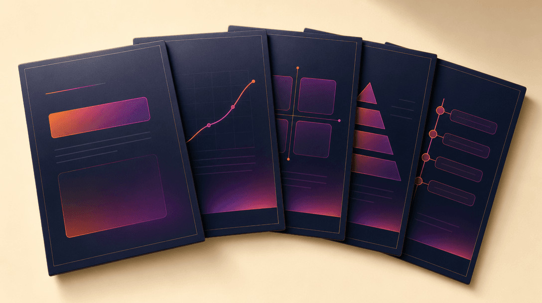 Blue Ocean Hunter export pack - five report cards stacked: executive brief, strategy canvas, ERRC matrix, market expansion, execution roadmap