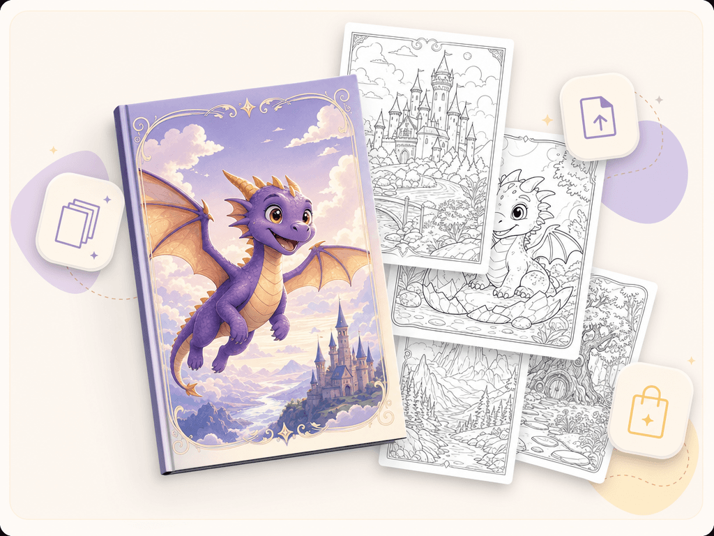 Coloring Book studio preview — colorful book cover, black-and-white interior coloring page thumbnails, KDP-ready chip