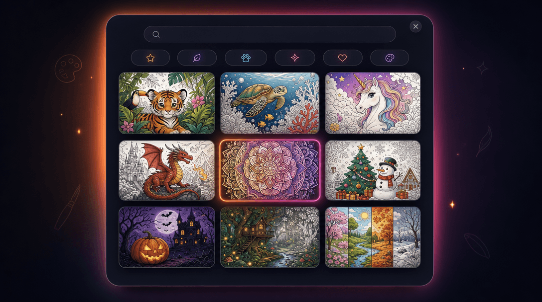 Coloring Book template library — dark premium modal with search, category pills, and a grid of themed coloring book covers including jungle, ocean, dragons, mandalas, and seasonal themes