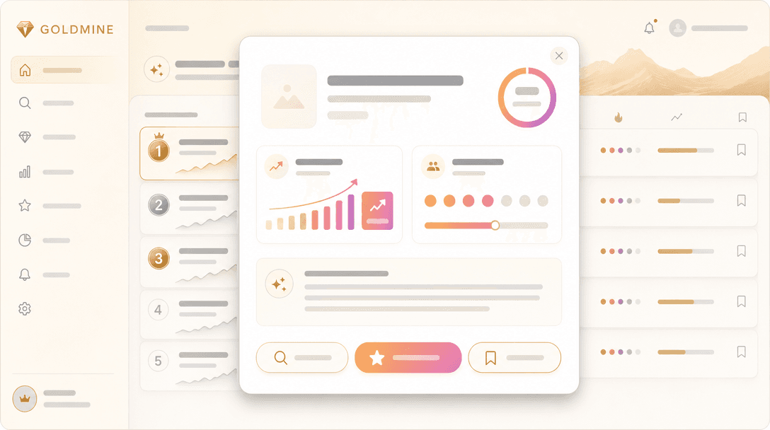 Goldmine detail modal — opportunity score, growth percentage, competition level, gap analysis text, and three action buttons (Etsy search, best sellers, save for later)