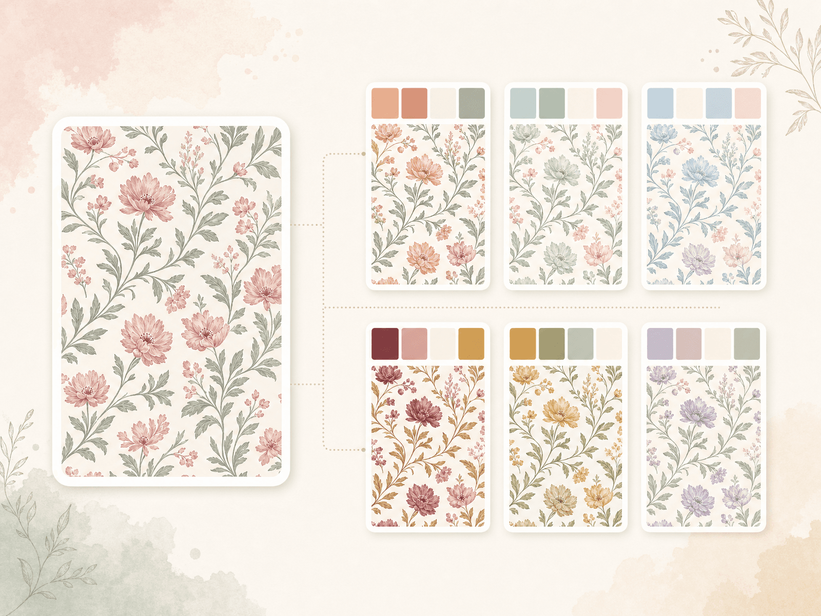 Pattern Studio chromatics matrix — central botanical seamless pattern surrounded by six palette variant cards in coordinated color directions