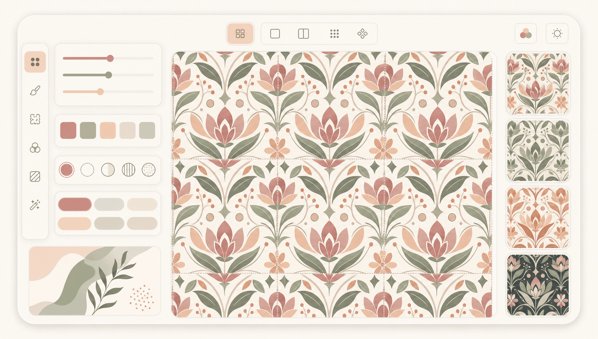 Pattern Studio workspace dashboard — left control panel with palette and style chips, central seamless pattern canvas in grid view, color variant thumbnails on the right