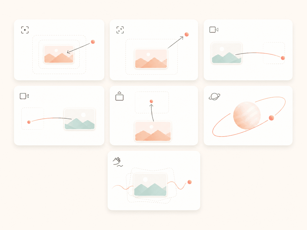 Camera motion preset gallery - cards for slow zoom in, slow zoom out, pan right, pan left, tilt up, planet orbit, and handheld motion styles