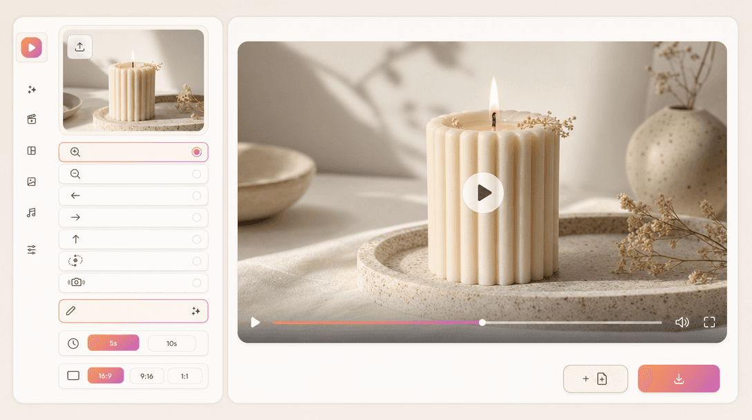 Video Studio workspace - source image card, camera motion preset list, prompt input, duration toggle, aspect ratio segmented control, and a large rounded video preview canvas